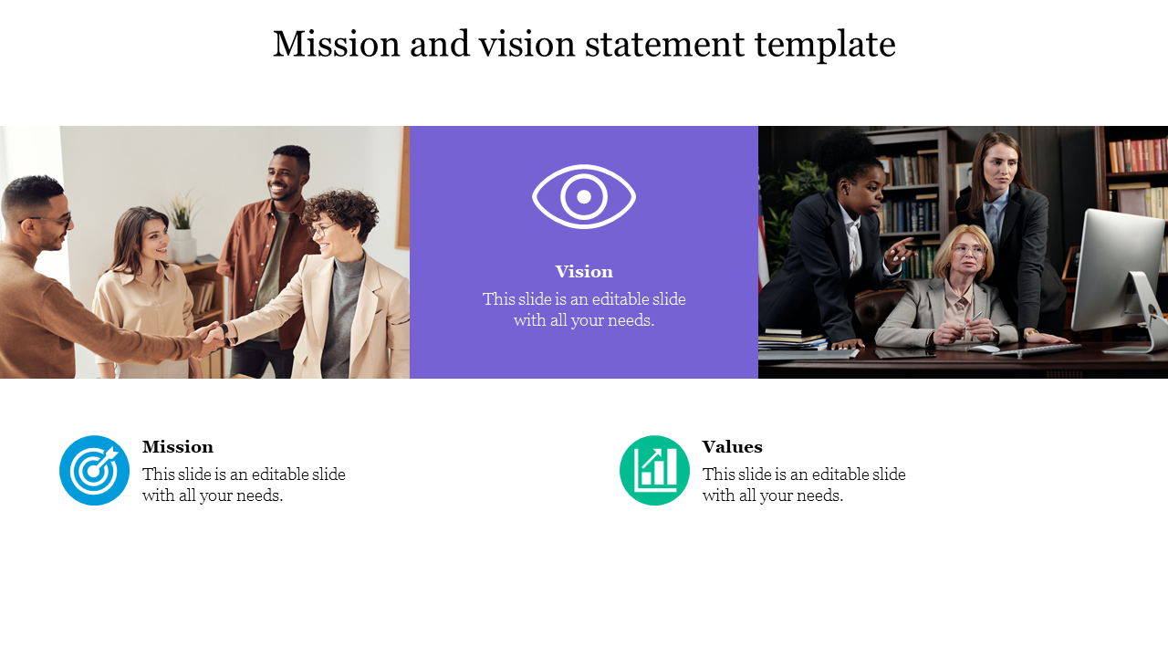 A PPT slide featuring images of business professionals, with sections for Mission, Vision, and Values, each with icons.