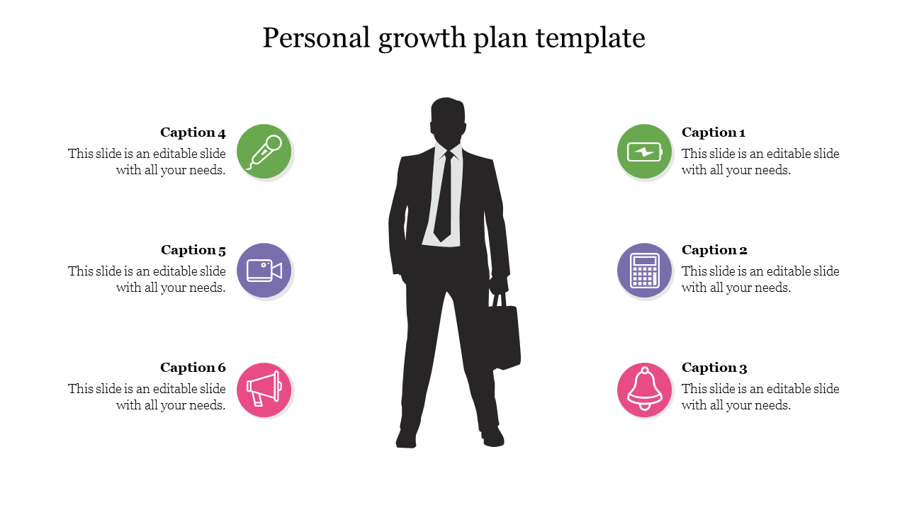 A personal growth plan PowerPoint slide with a silhouette of a professional person and six colorful icons.