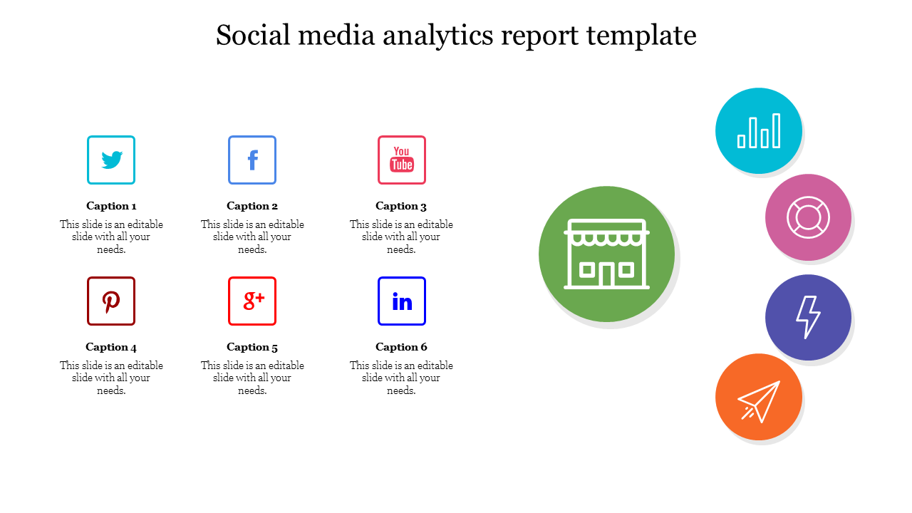 Social media icons with placeholder text and four colorful data icons on the right.