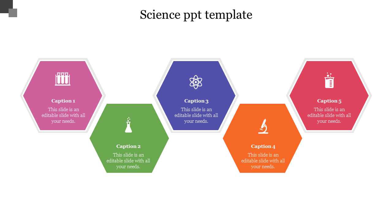 Hexagonal science template with colorful icons representing laboratory equipment and concepts with caption areas.