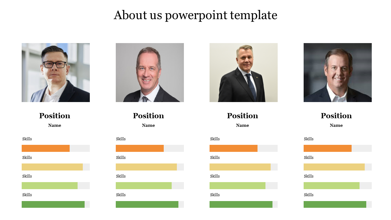 About us slide with four professional portraits, each showing position, name, and skill levels in color coded progress bars.