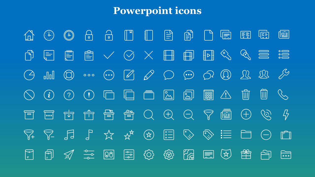 Set of white line icons, arranged neatly on a blue background, covering topics like analytics, tools, and multimedia.