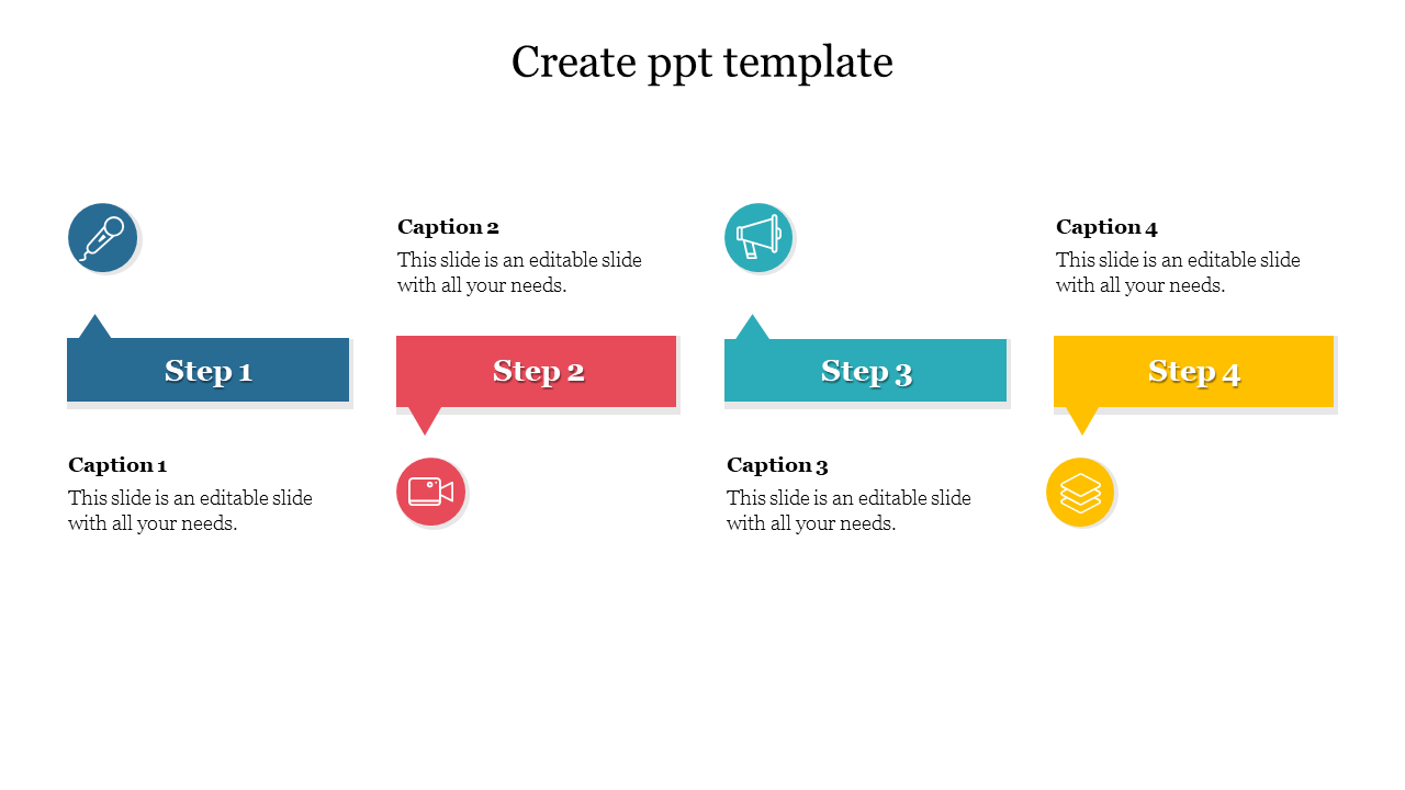 Template with four colorful step blocks in blue, red, teal, and yellow, each with circular icons and captions.