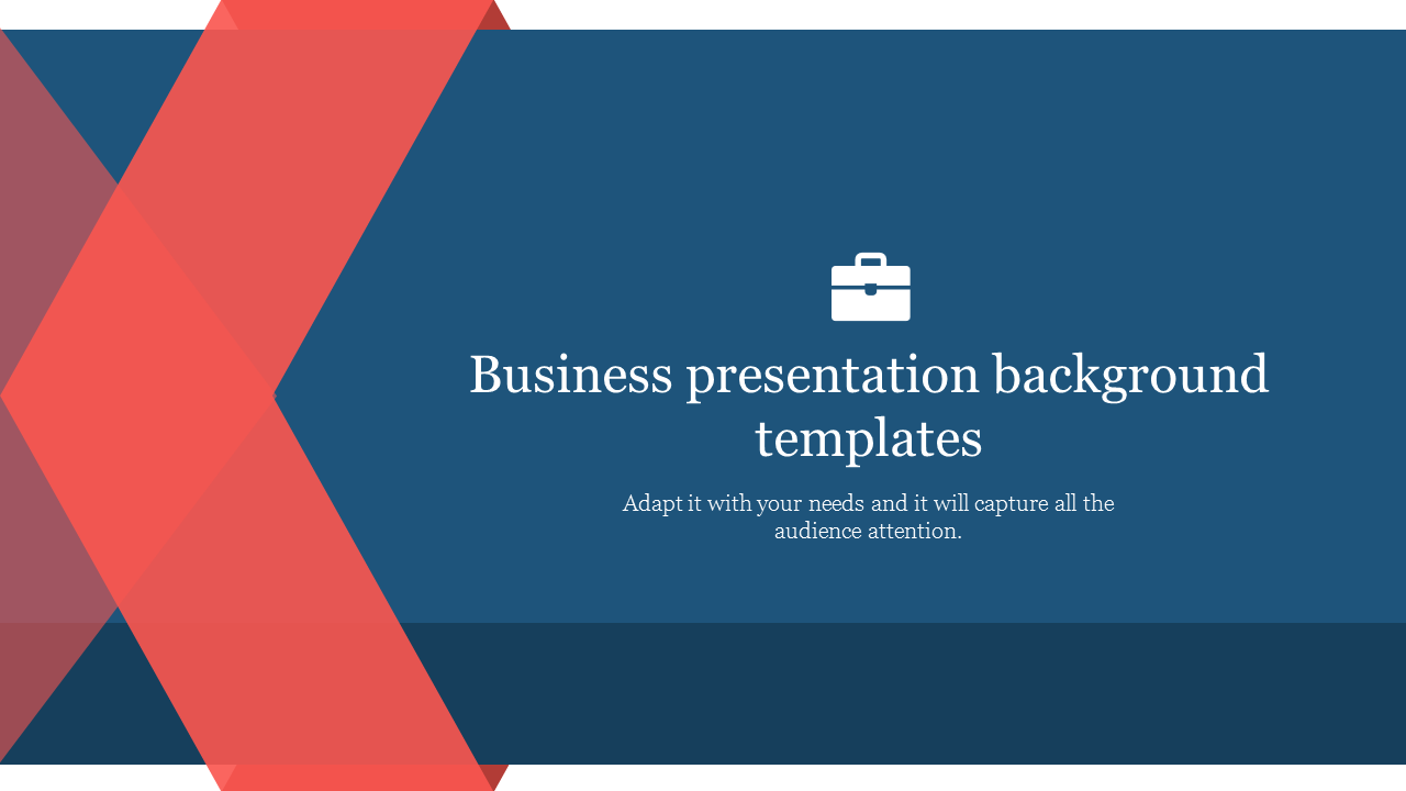 Business slide with a blue hexagonal background, a briefcase icon, and red and blue abstract shapes.