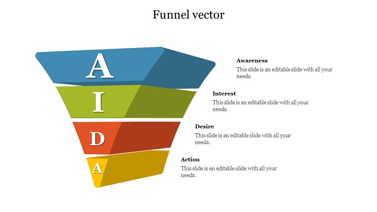 Colorful AIDA funnel diagram template with awareness, interest, desire, and action stages with placeholder text.