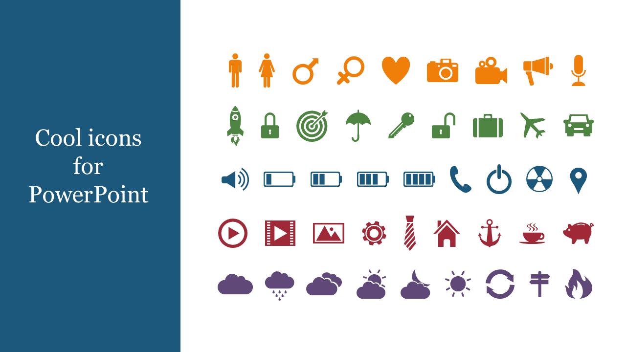 Diverse icon set with colorful symbols representing various themes like travel, weather, and technology with a title text.