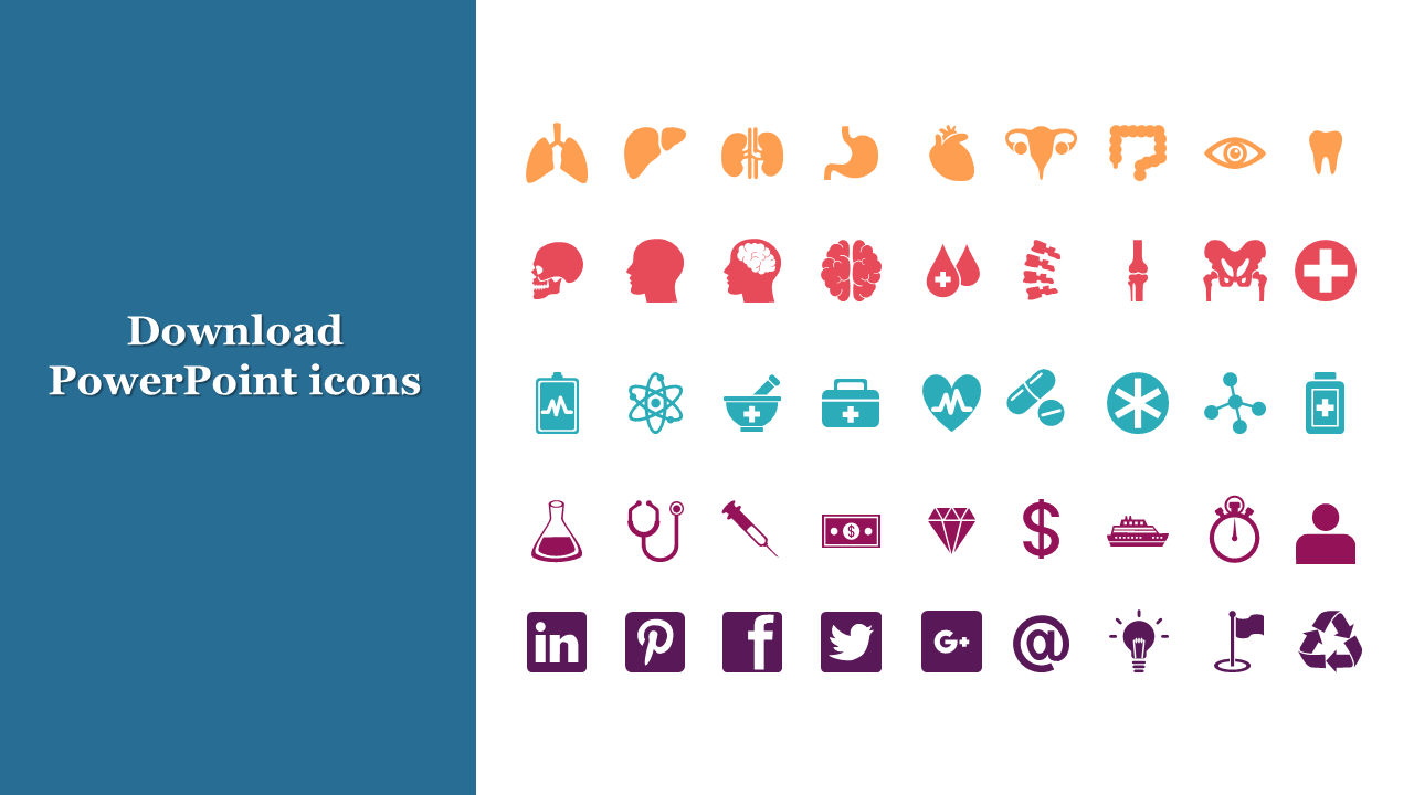 A colorful PPT with many icons including medical, scientific, and social media symbols on a split backdrop.