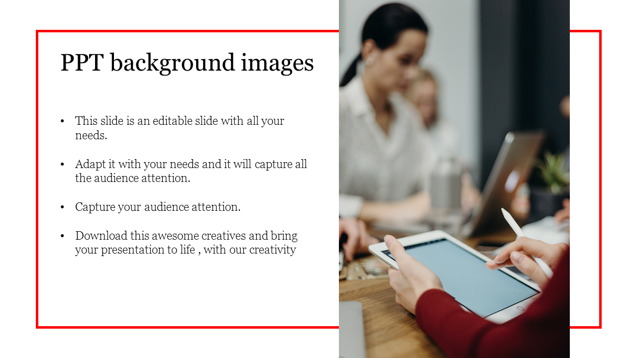 Slide with a red bordered text box on the left and an image of a person using a tablet in a business meeting on the right.