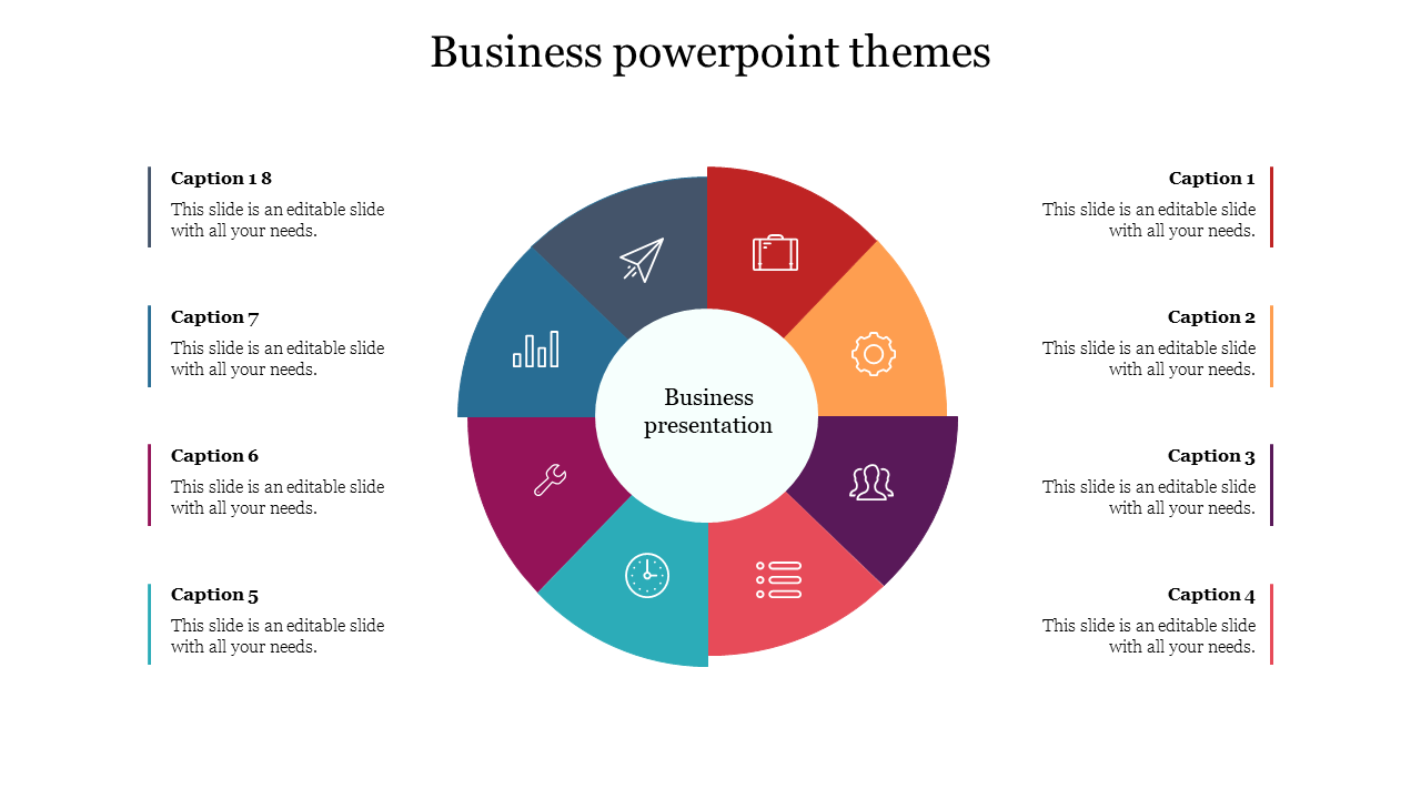 A business PowerPoint slide with eight sections, featuring colorful icons for various business related topics with captions.