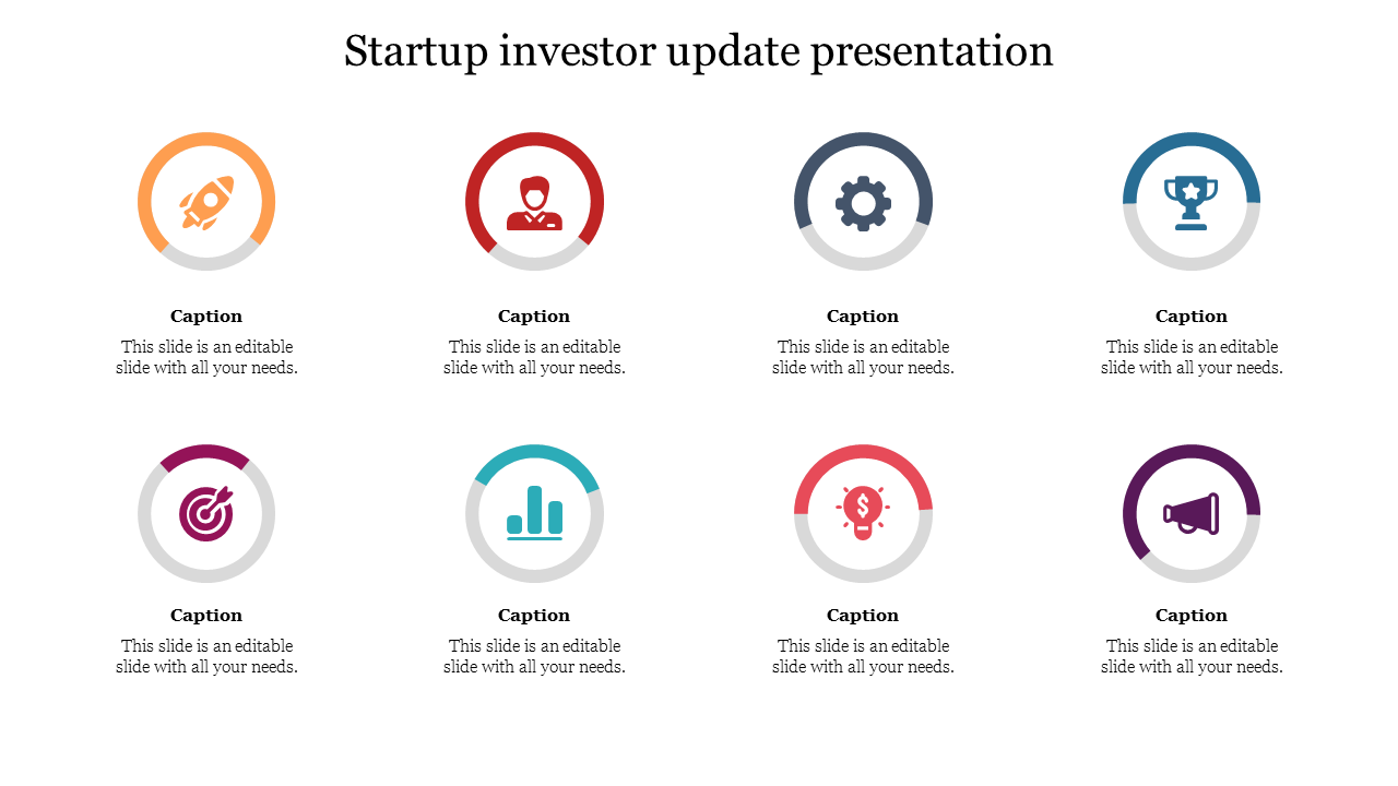 Eight circular icons in various colors representing startup updates, each with captions on a white background.