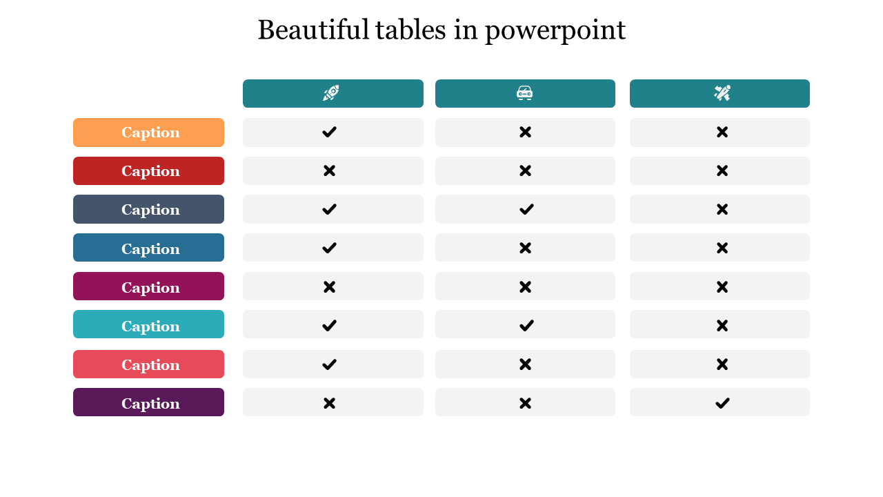 Slide with title text at top, icons for columns, colorful captions for rows, and check-mark symbols for comparison.