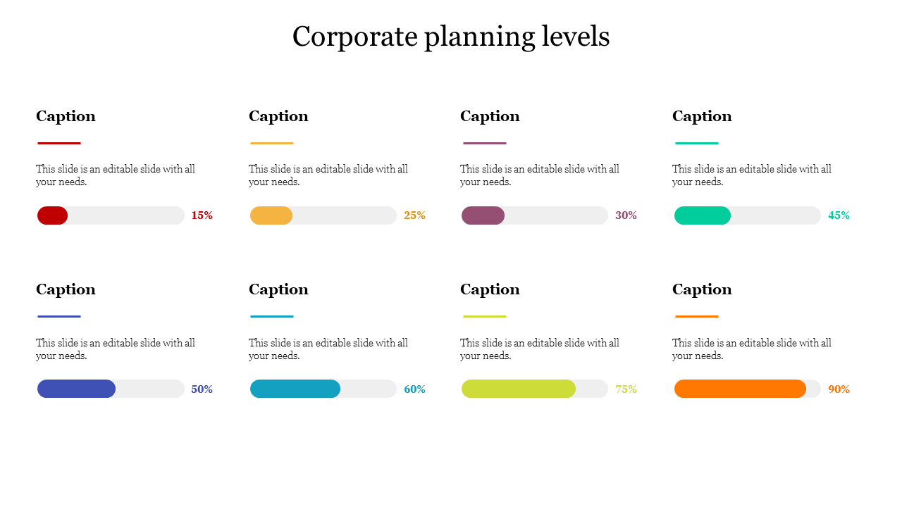 Eight progress bars in different colors on a corporate planning slide, each with captions and varying completion levels.