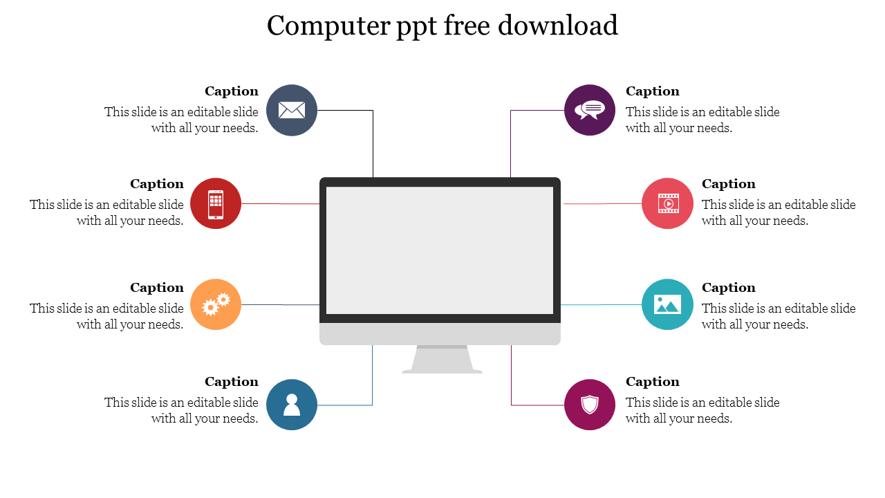 Slide showing a computer monitor surrounded by six colorful labeled icons for various functions and a title text at the top.