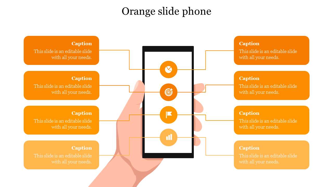 Hand holding a phone with four orange icons, each connected to caption boxes on both sides.