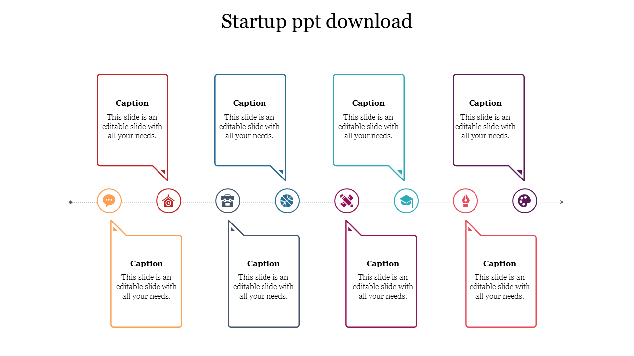 A colorful startup PPT template featuring various sections with icons representing key business concepts with captions.