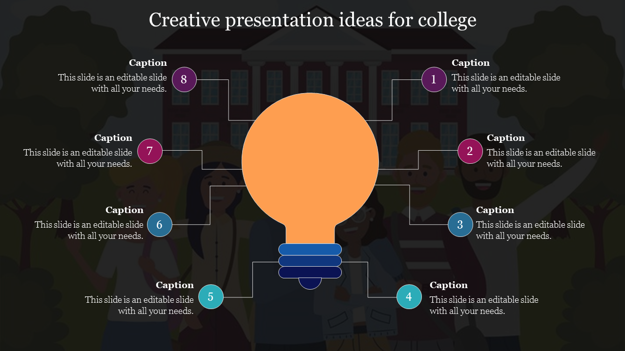 Slide featuring a lightbulb in the center with eight surrounding colorful captions, representing creative presentation ideas.