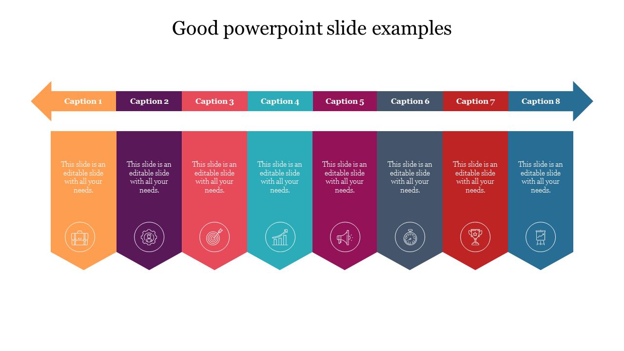 Horizontal arrow infographic with eight colorful sections, each linked to a vertical banner with icons and text.