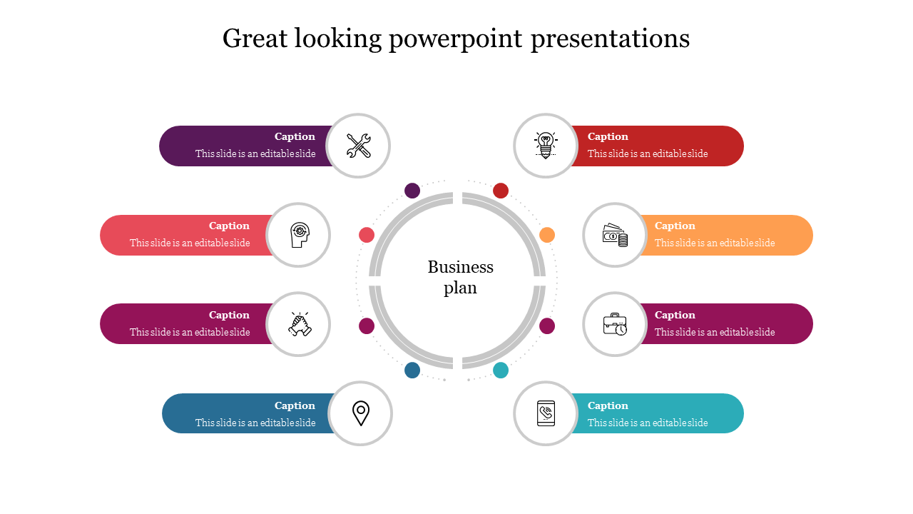 Circular business plan diagram with eight colorful segments, each linked to a circular icon, arranged symmetrically.