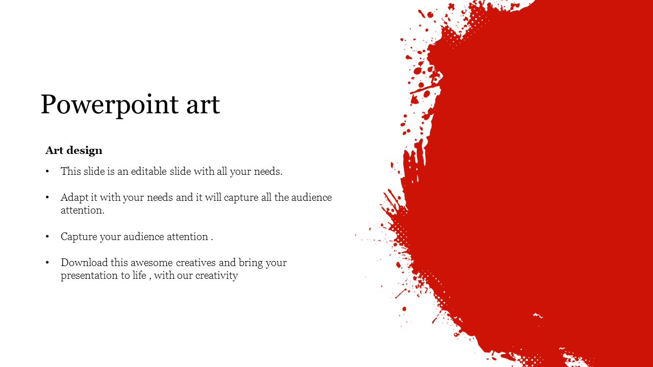 A PowerPoint slide with red splatter art design on the right and a description on the left on a white backdrop.