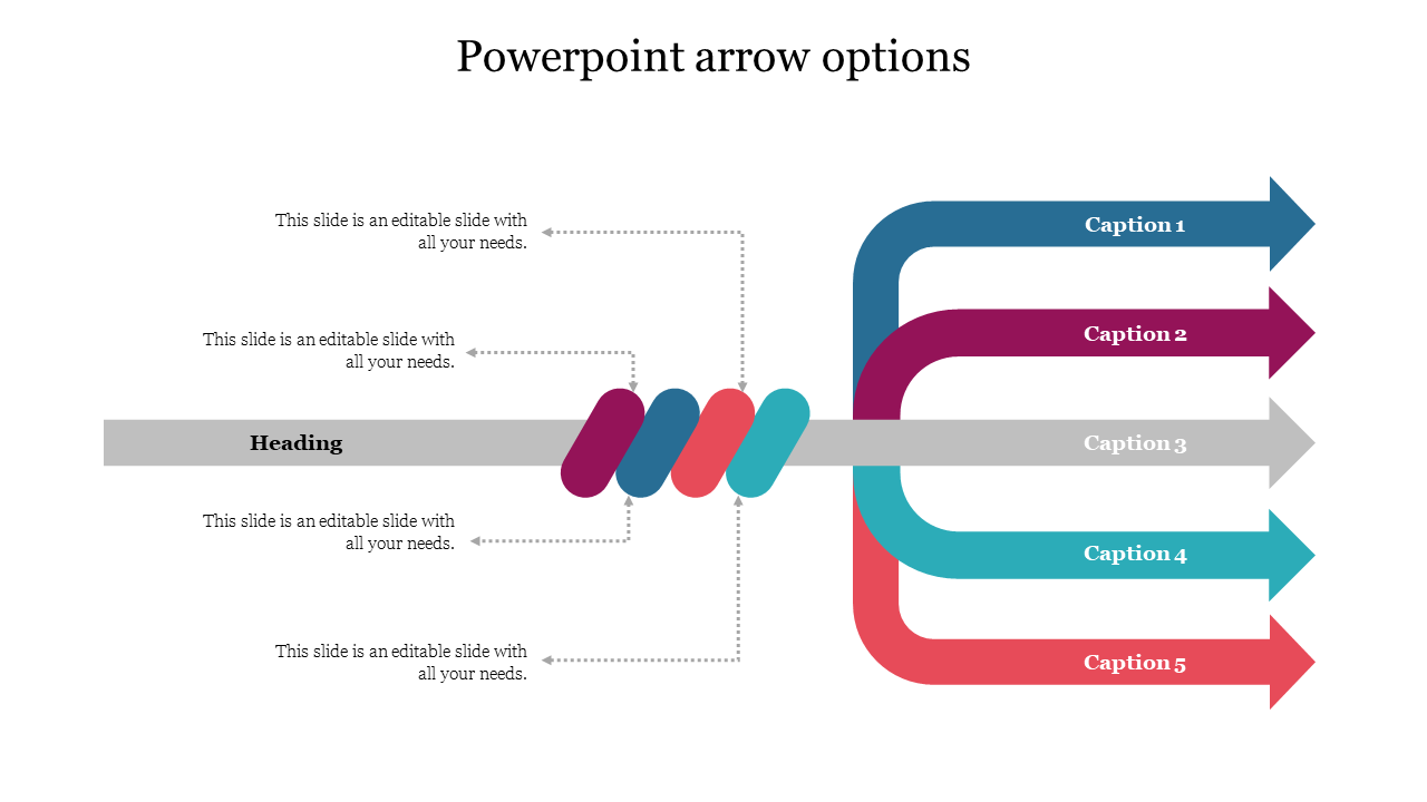 Horizontal gray bar with four curved arrows in blue, maroon, teal, and red branching out to the right, with captions.