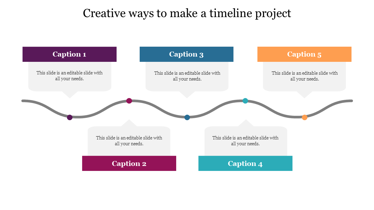 Creative timeline project slide design with a wavy line connecting five captions in alternating colors with placeholder text.