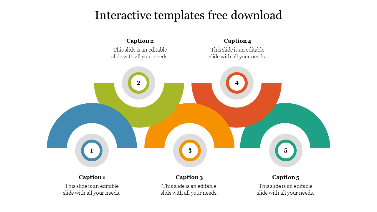 Colorful interactive slide layout featuring five sections with text captions.