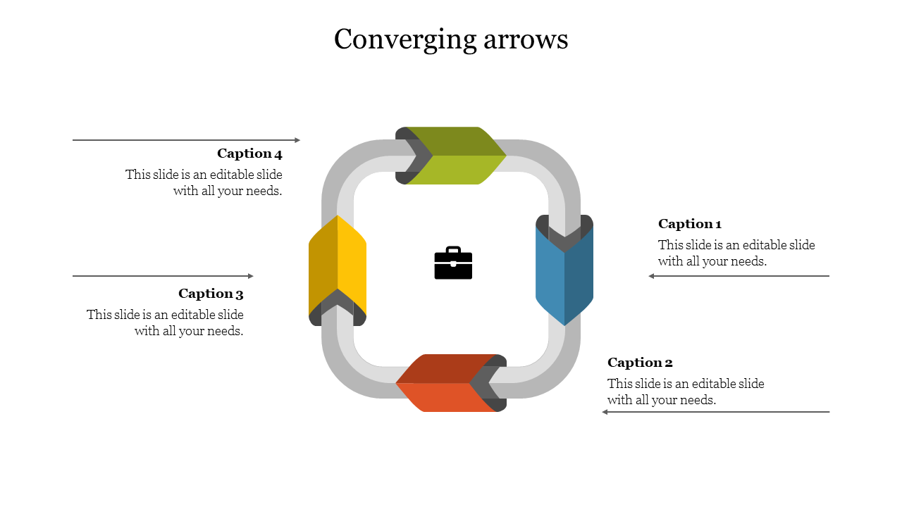 Square loop of four curved arrows in blue, red, yellow, and green, converging toward a central briefcase icon with captions.