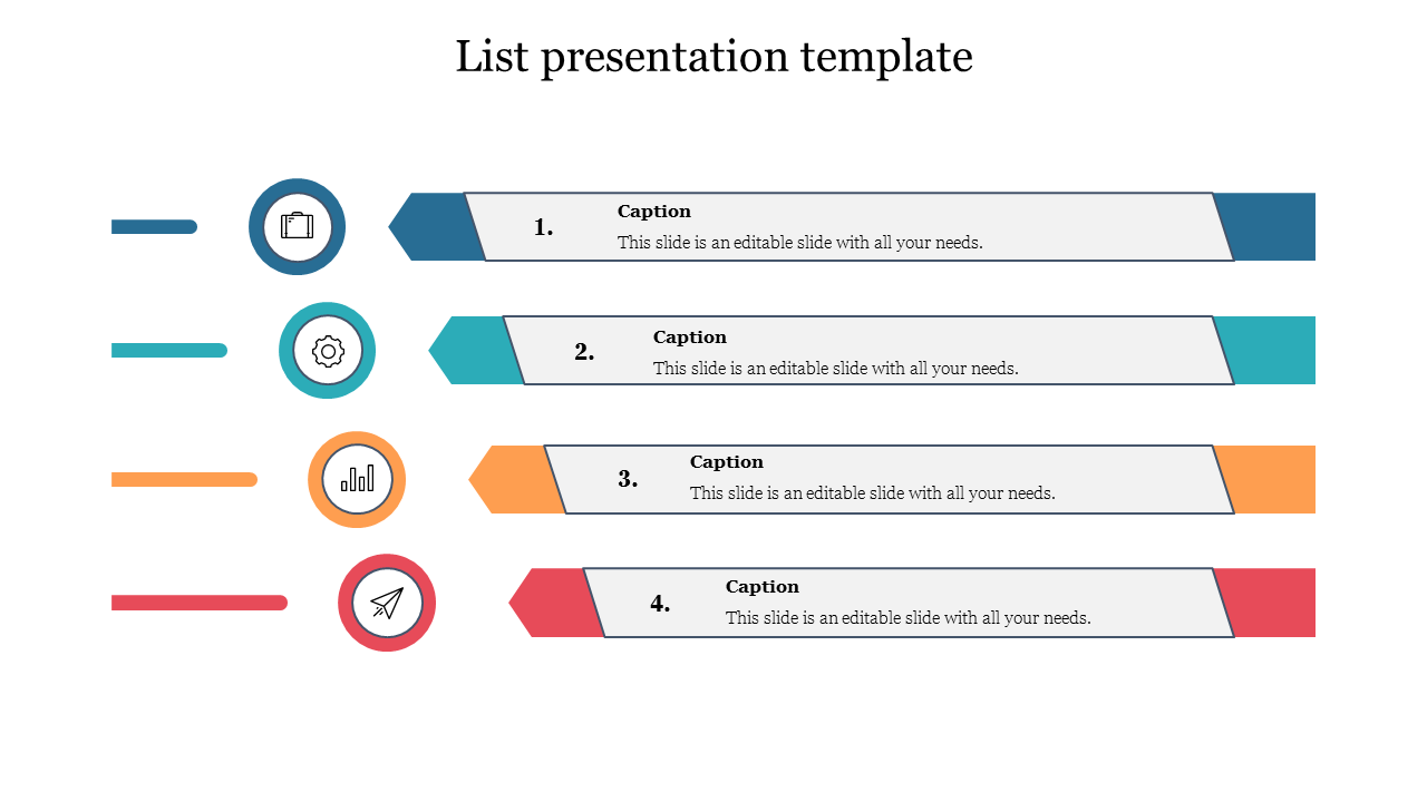 List slide featuring four items with icons, colored markers, and placeholder text areas.