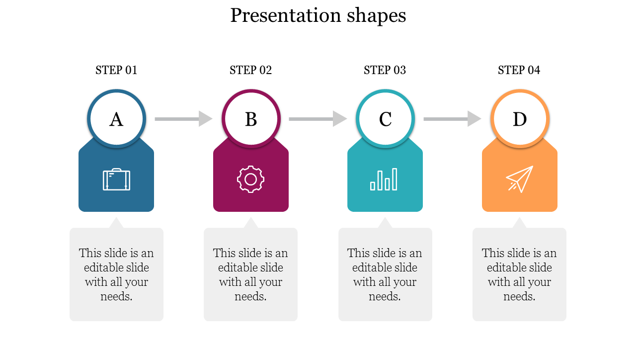 Step-by-step process slide with colored shapes for steps, arrows connecting them, and placeholder text.