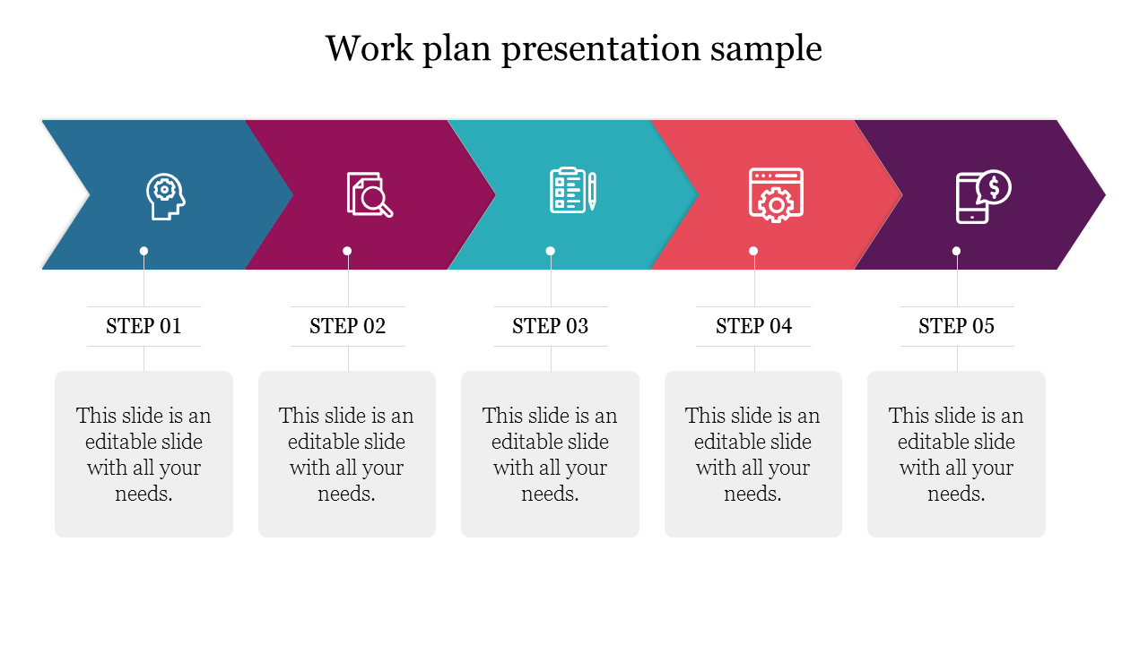 Slide with a work plan in five steps each with icon in a horizontal colorful arrow design with caption areas and a title.