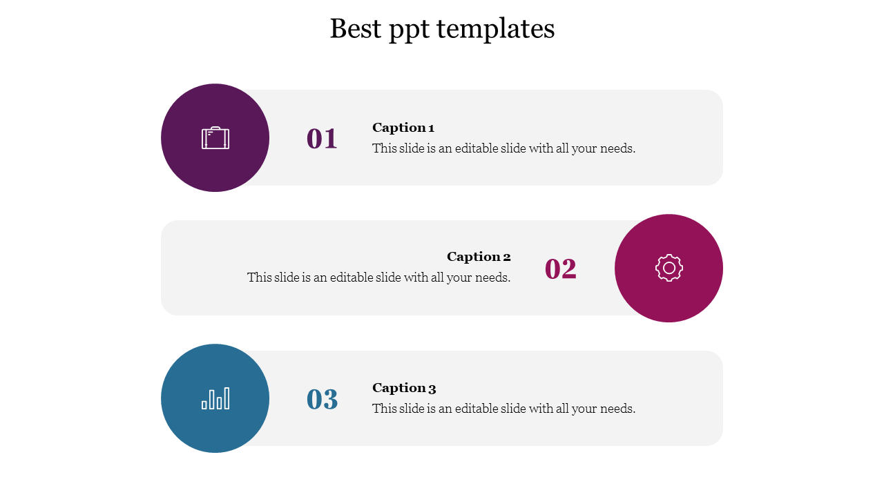 Horizontal layout with three numbered steps, each featuring a large circular icon in purple, pink, and blue with captions.