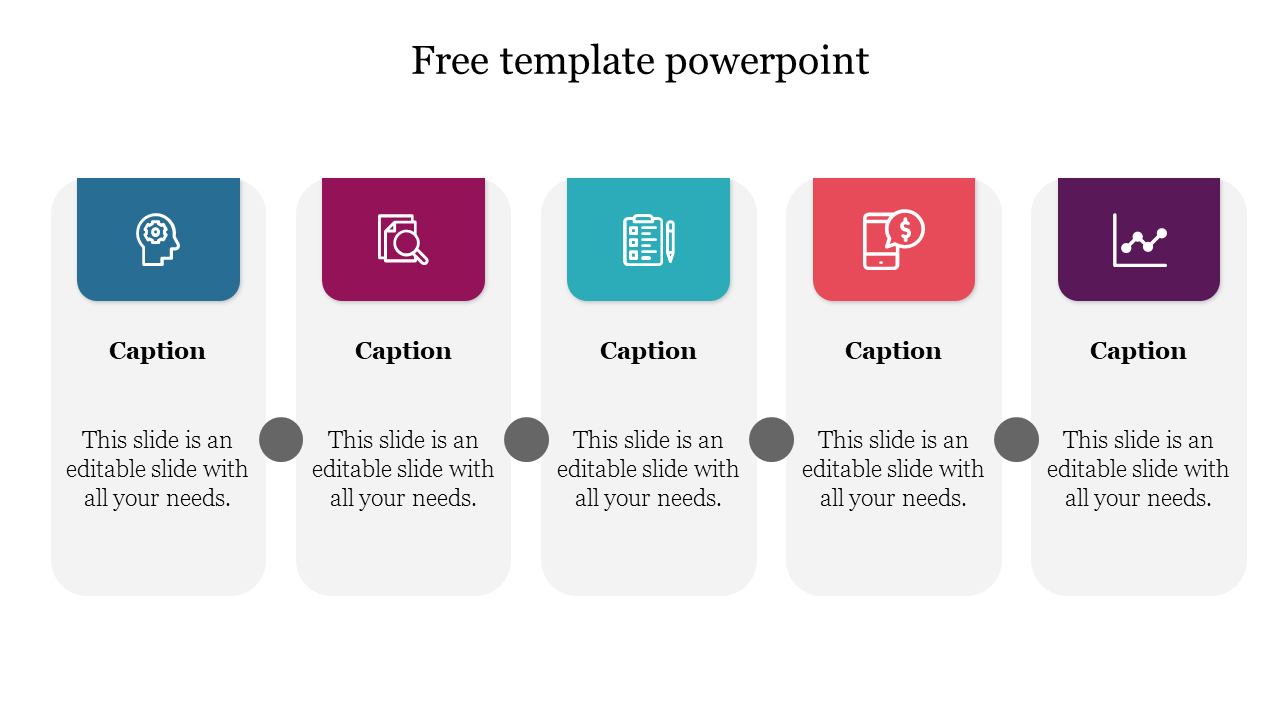 Infographic with five rectangles, each featuring an icon in blue, maroon, teal, red, and purple, linked by gray circles.