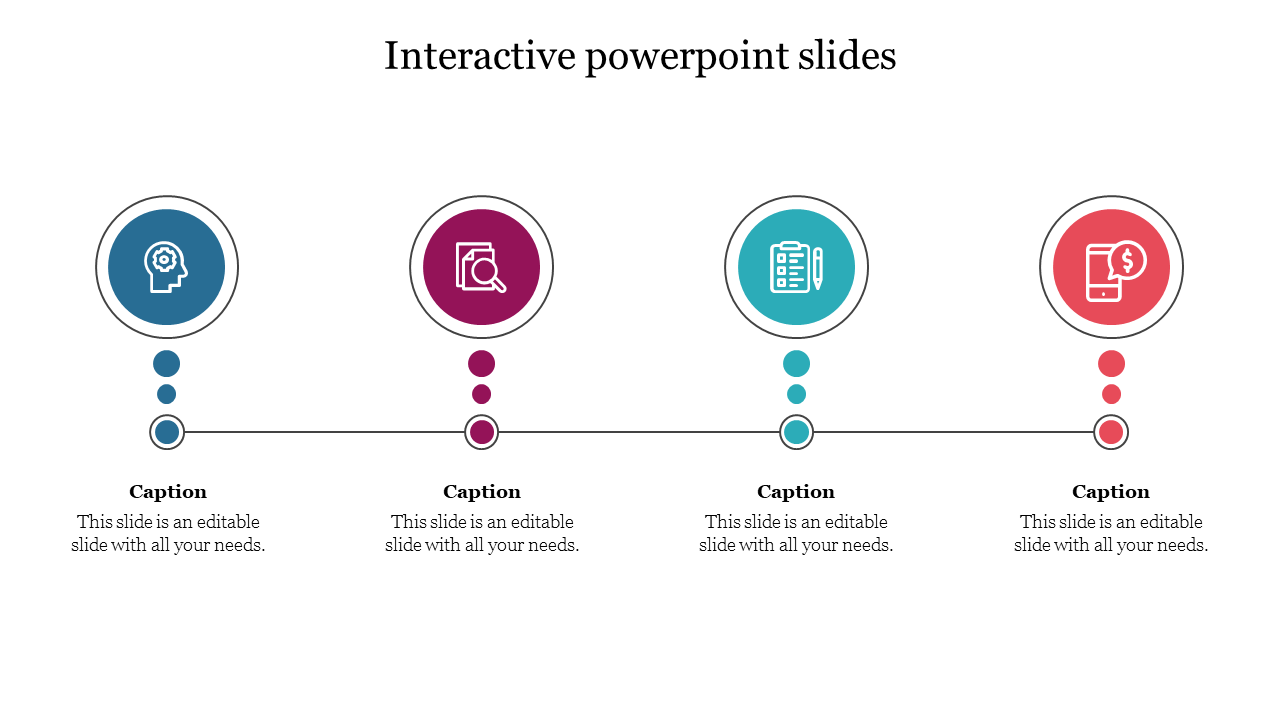 Interactive slide featuring four sections with colored icons and captions for placeholder text.