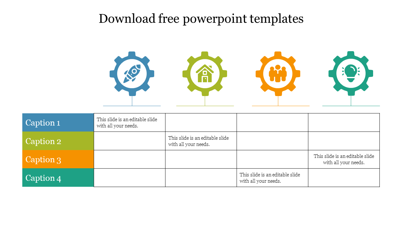 Colorful gears with icons representing innovation, teamwork, home, and rocket, with a table layout and captions.