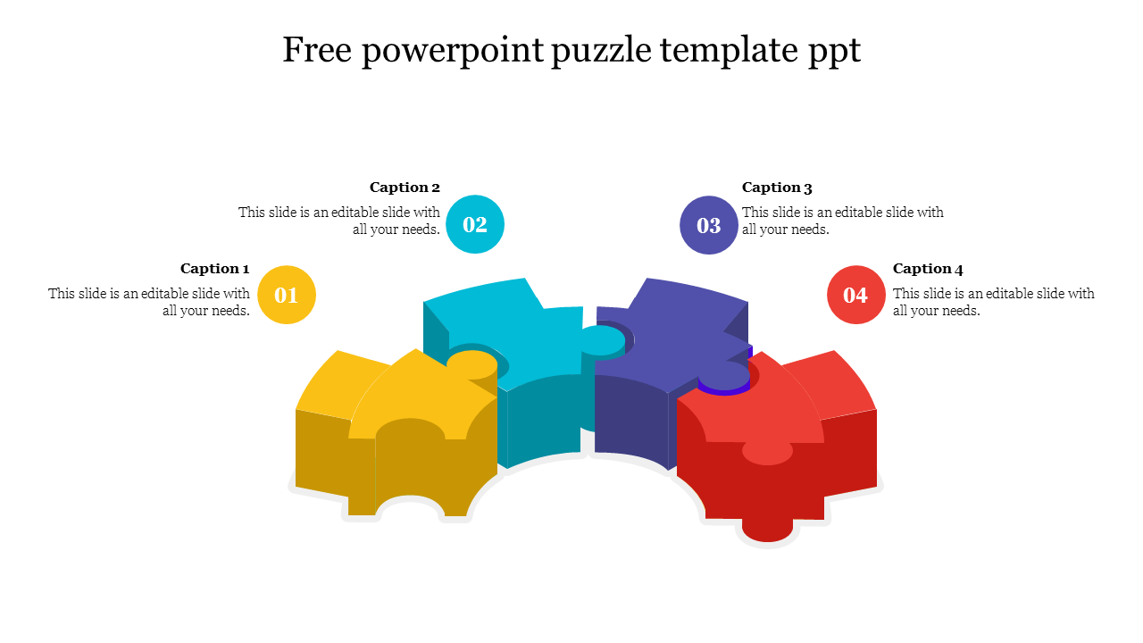 A PowerPoint puzzle template featuring colorful interlocking puzzle pieces labeled with numbers 1 to 4 with captions.