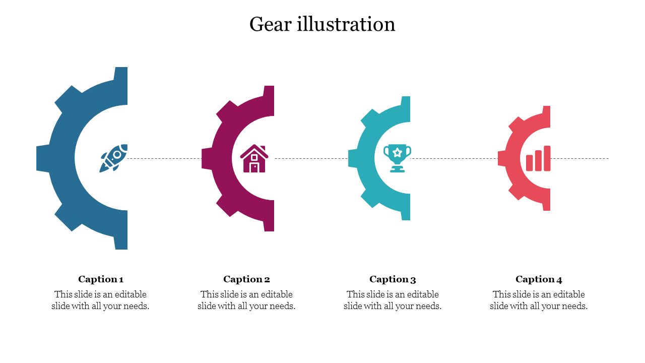 Four half gear shapes in blue, maroon, teal, and red, each with an icon, connected in a linear sequence with captions below.