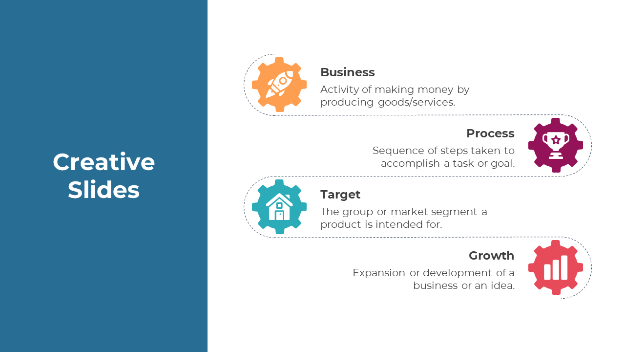 Creative business and growth PPT slide featuring icons for business, process, target, and growth with descriptive labels.