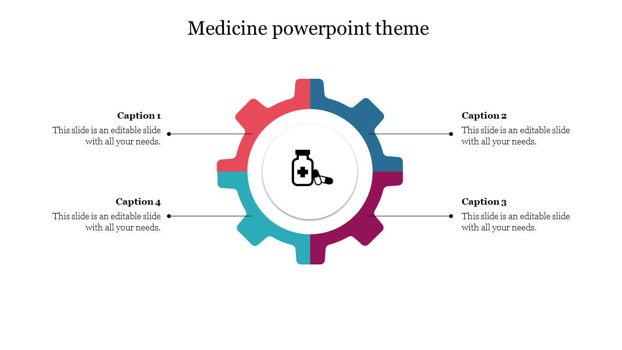 Medicine themed PowerPoint presentation slide with a gear icon and a pill bottle symbol with captions on a white backdrop.