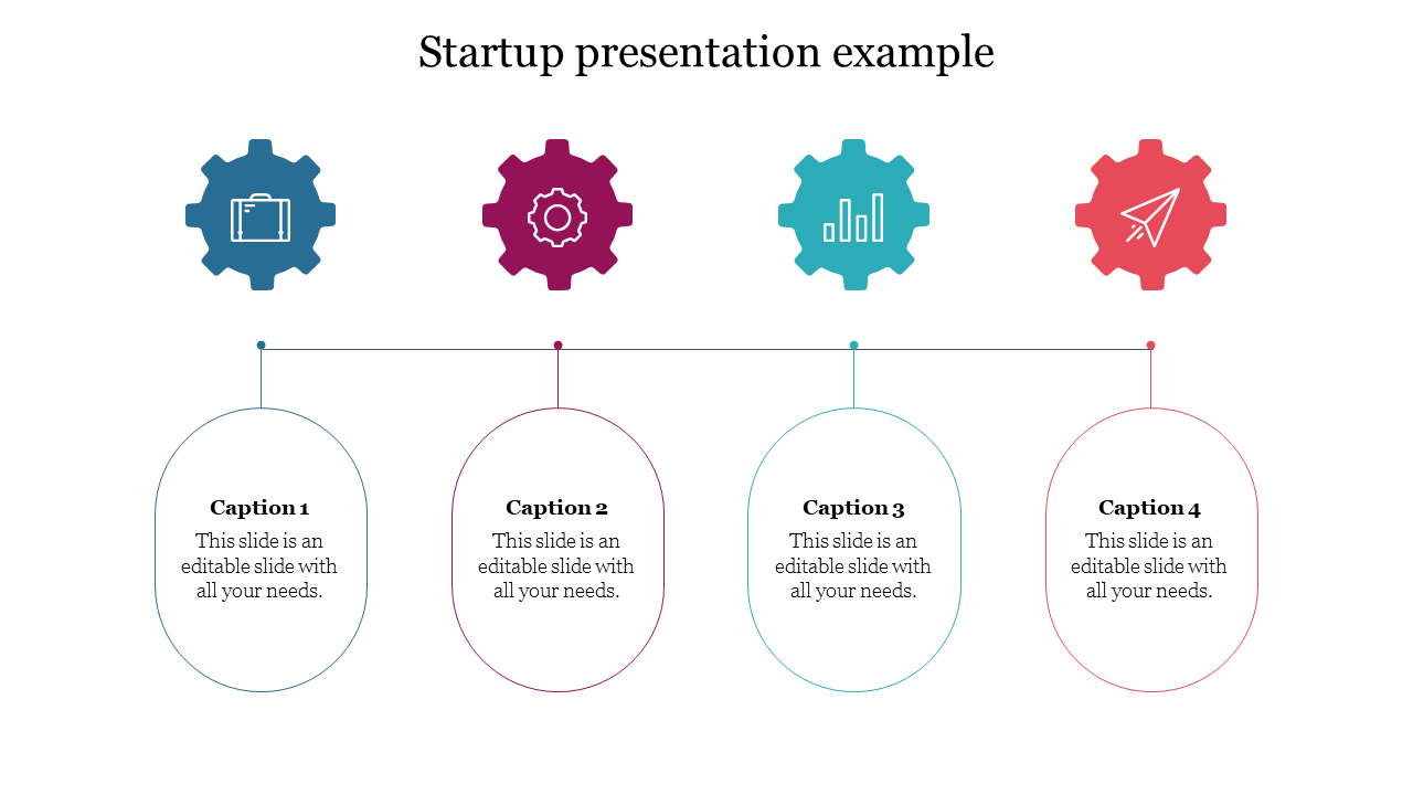 Startup PPT presentation slide with four colorful gear icons connected to text boxes with captions on a white backdrop.