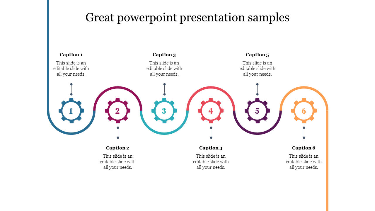 Wavy infographic with circular gear icons in blue, red, green, orange, purple, and yellow, numbered 1 to 6 with captions.