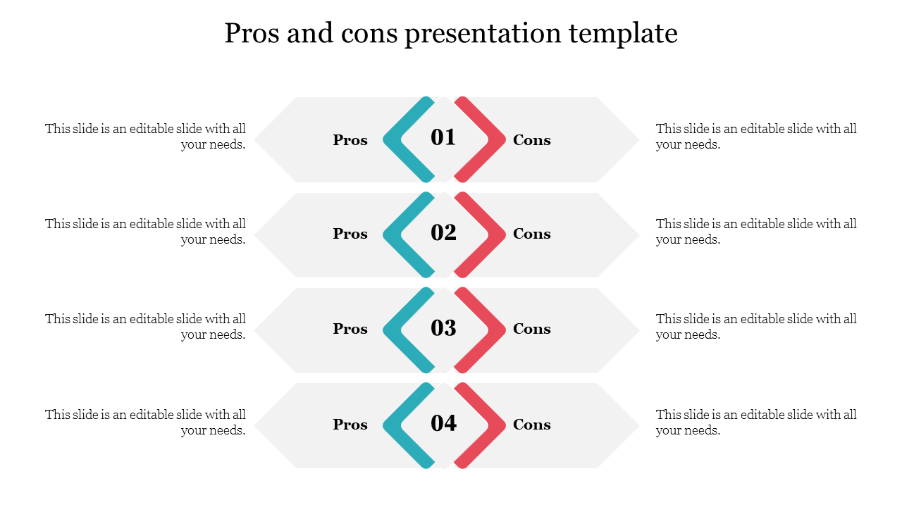 Pros and cons presentation template with four rows, each showing a pair of icons with placeholder text on a white backdrop.