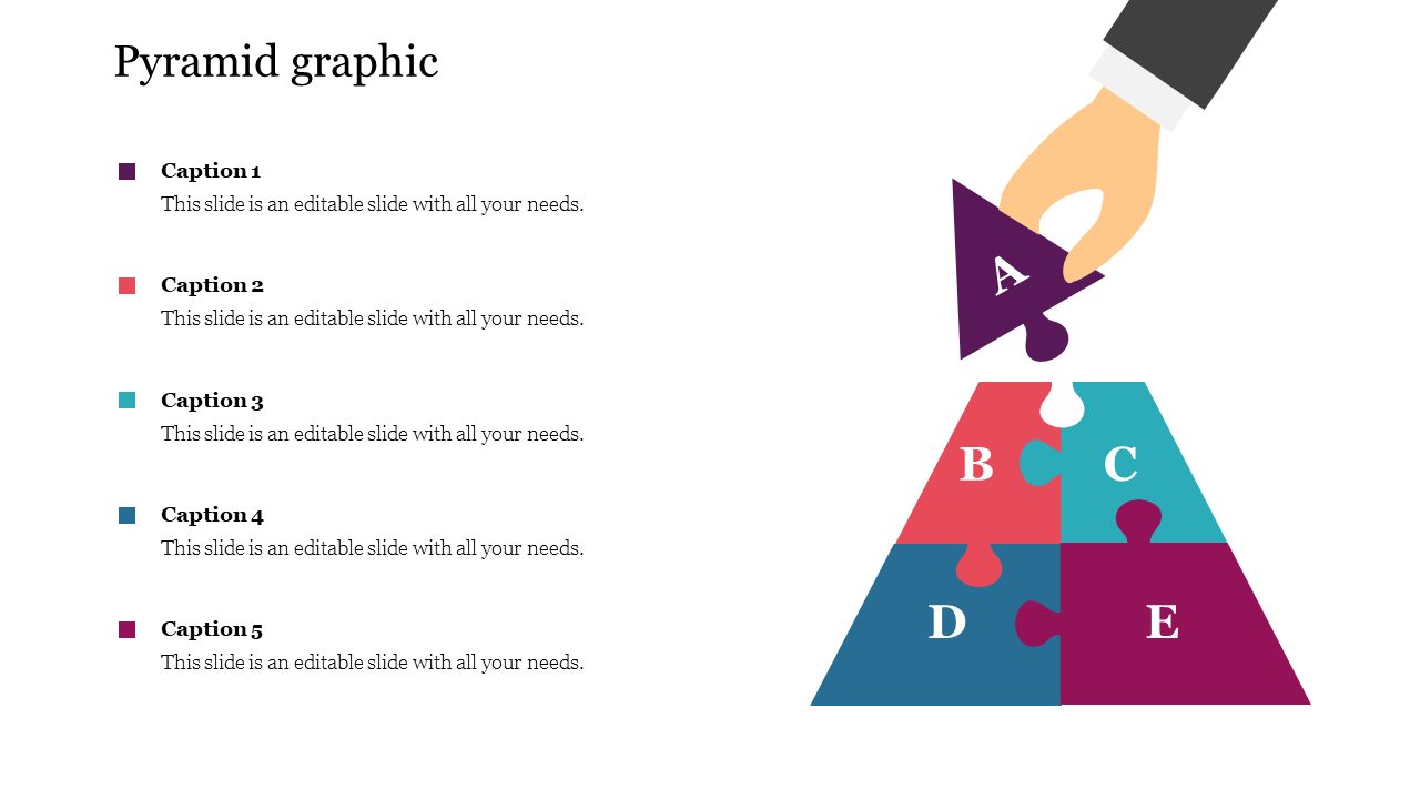 PPT slide showing a pyramid graphic with puzzle pieces labeled A through E, with a hand placing a piece into the pyramid.