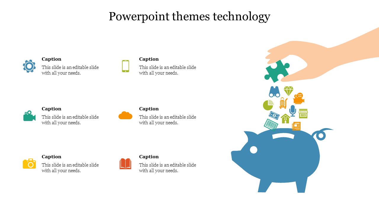 Technology themed PowerPoint slide with colorful icons and a hand adding puzzle pieces to a piggy bank with captions.