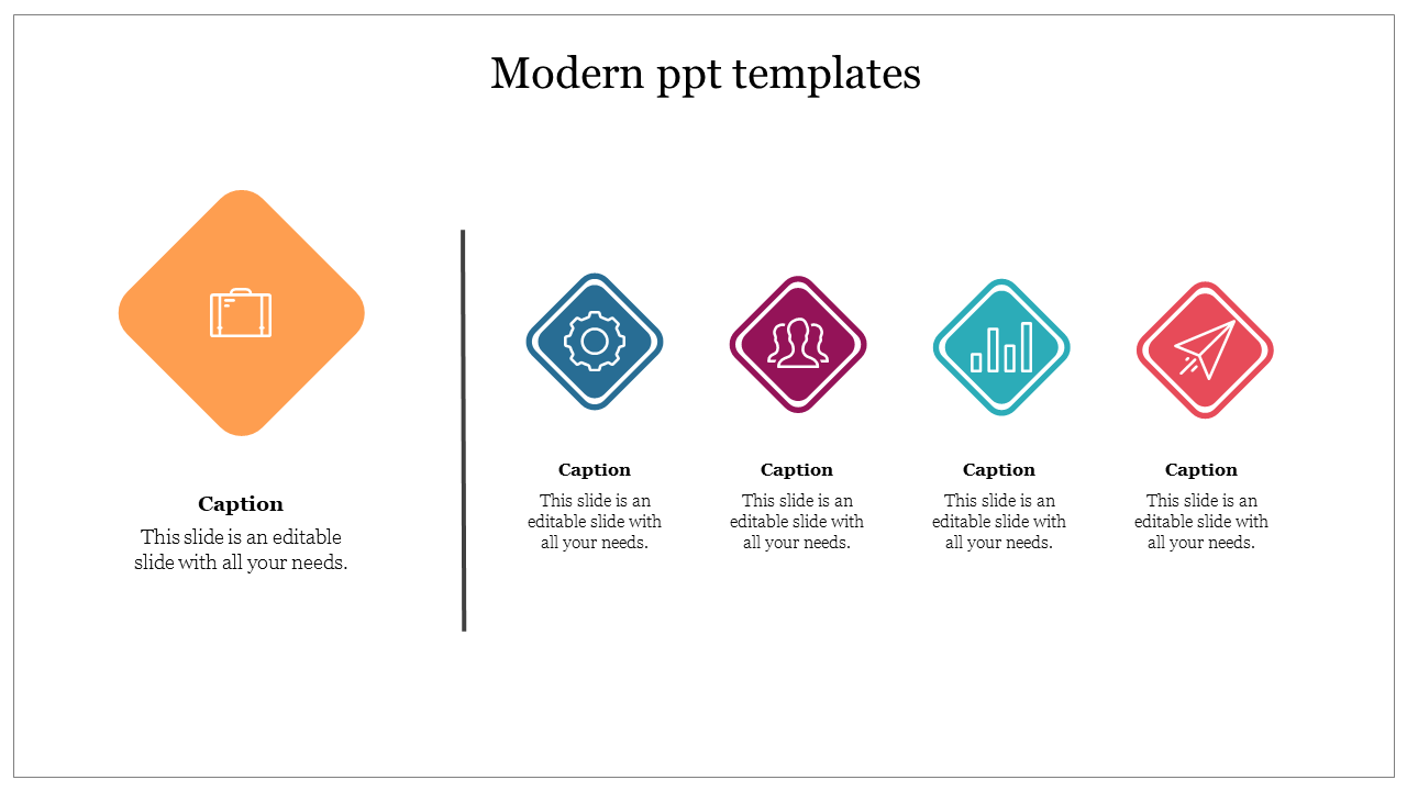 Diamond icons in orange, blue, purple, teal, and red, symbolizing different topics, separated by a vertical line.