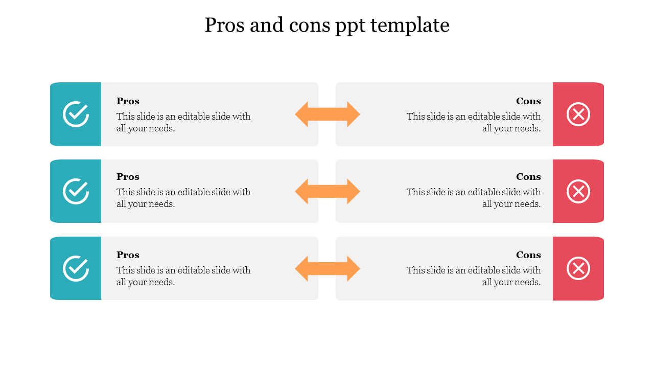 A slide displaying pros with blue check marks, and cons with red X marks, connected by arrows in the middle.