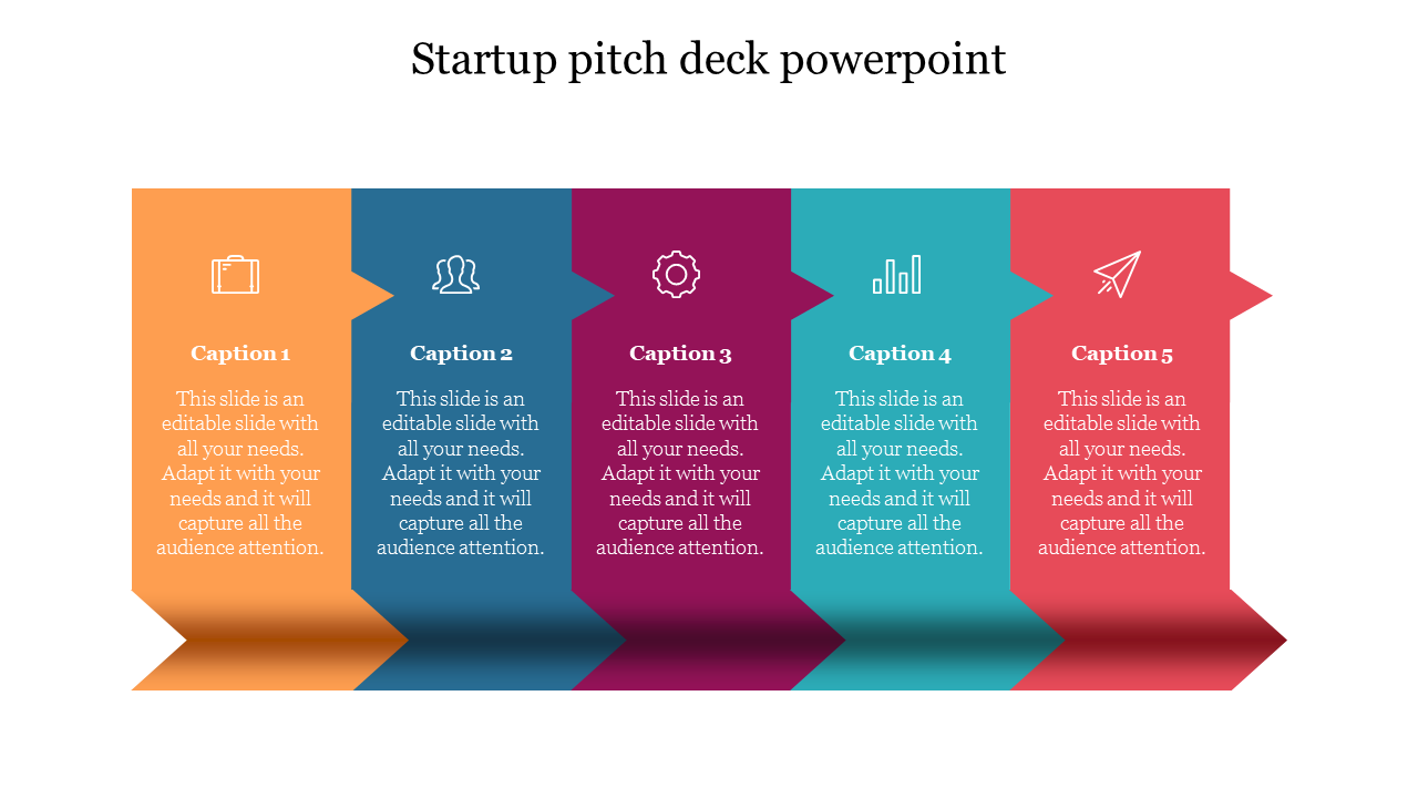 Startup pitch deck PowerPoint template with five colorful sections, each labeled with icons and captions.