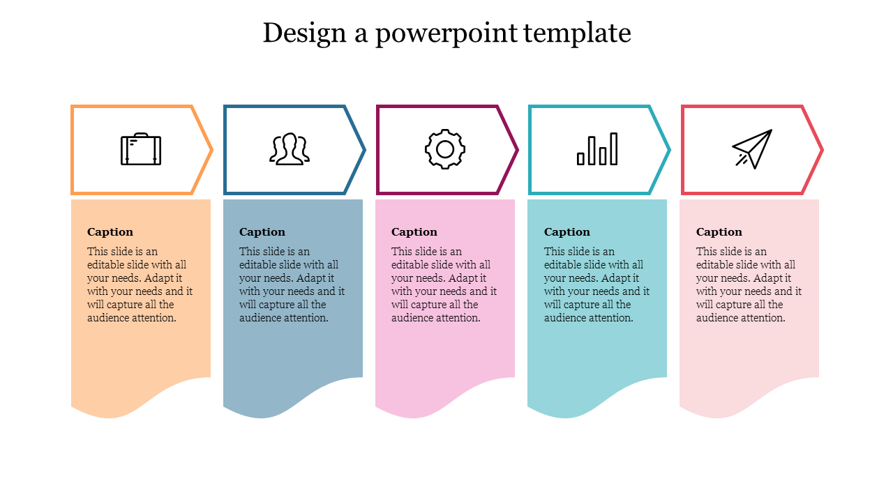 Infographic slide with five pentagonal icons on top and curved text boxes below in orange, blue, pink, green, and red shades.