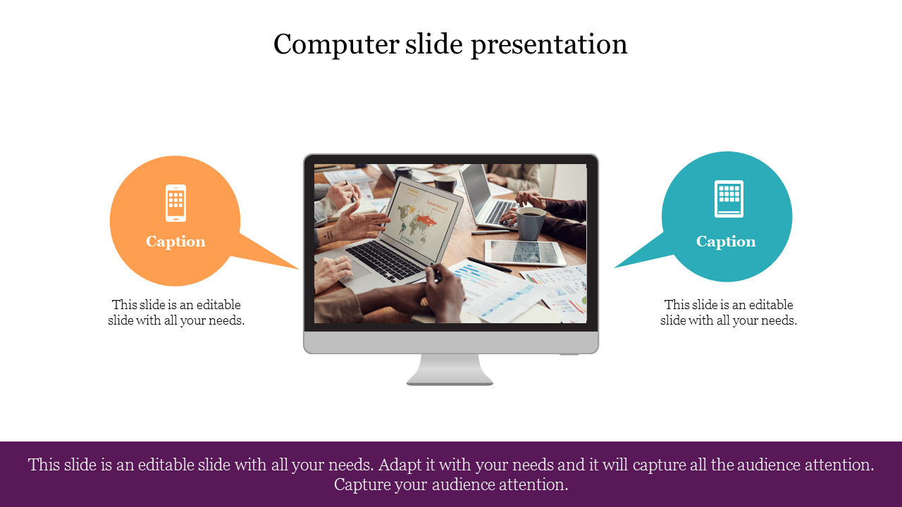 Computer PPT slide featuring a laptop showing a data map, with two speech bubbles on either side for captions.