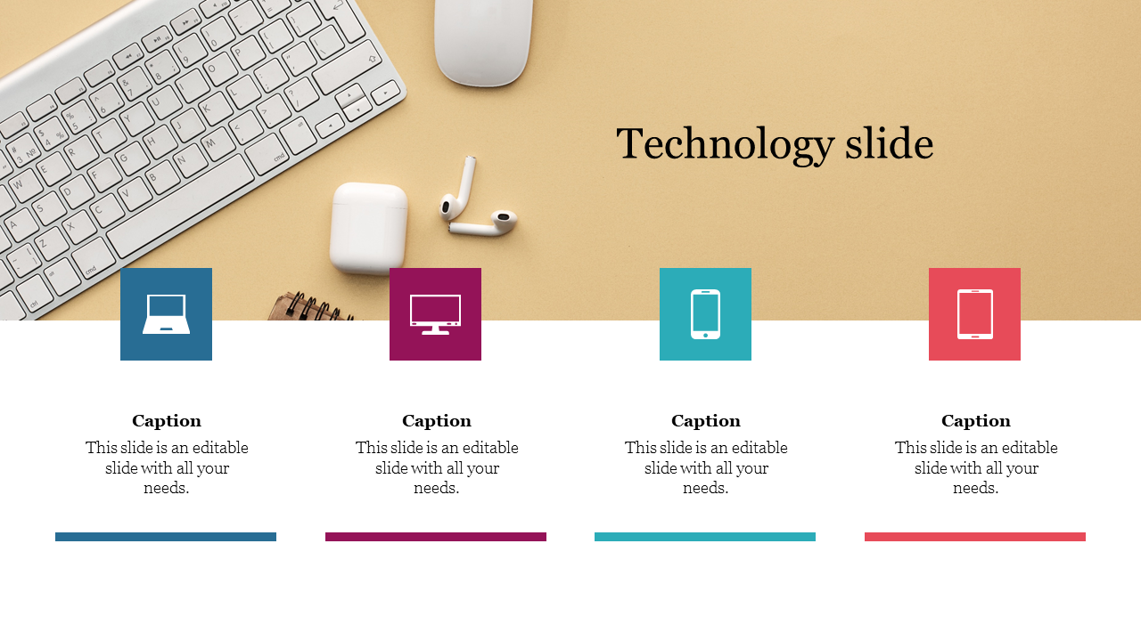 Technology PowerPoint slide with a flat lay of a keyboard, mouse, and earbuds, featuring four sections for text with icons.