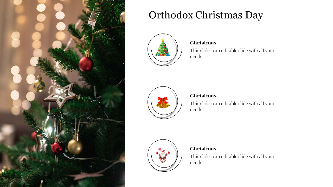 Christmas tree with red and gold baubles, star decor, and holiday content on a white background.